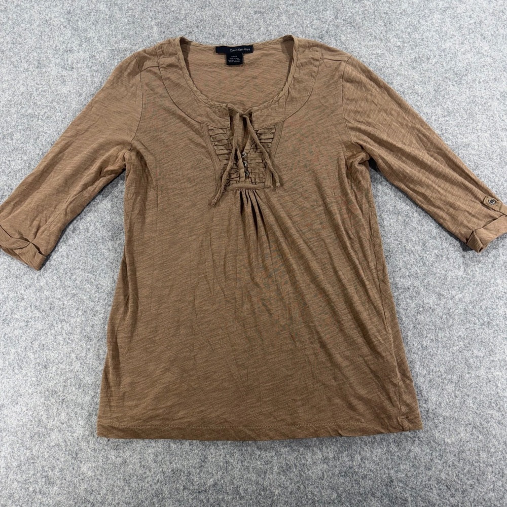 Calvin Klein Jeans Brown Slub Knit Top Lace Up Scoop Neck 3/4 Sleeve Small